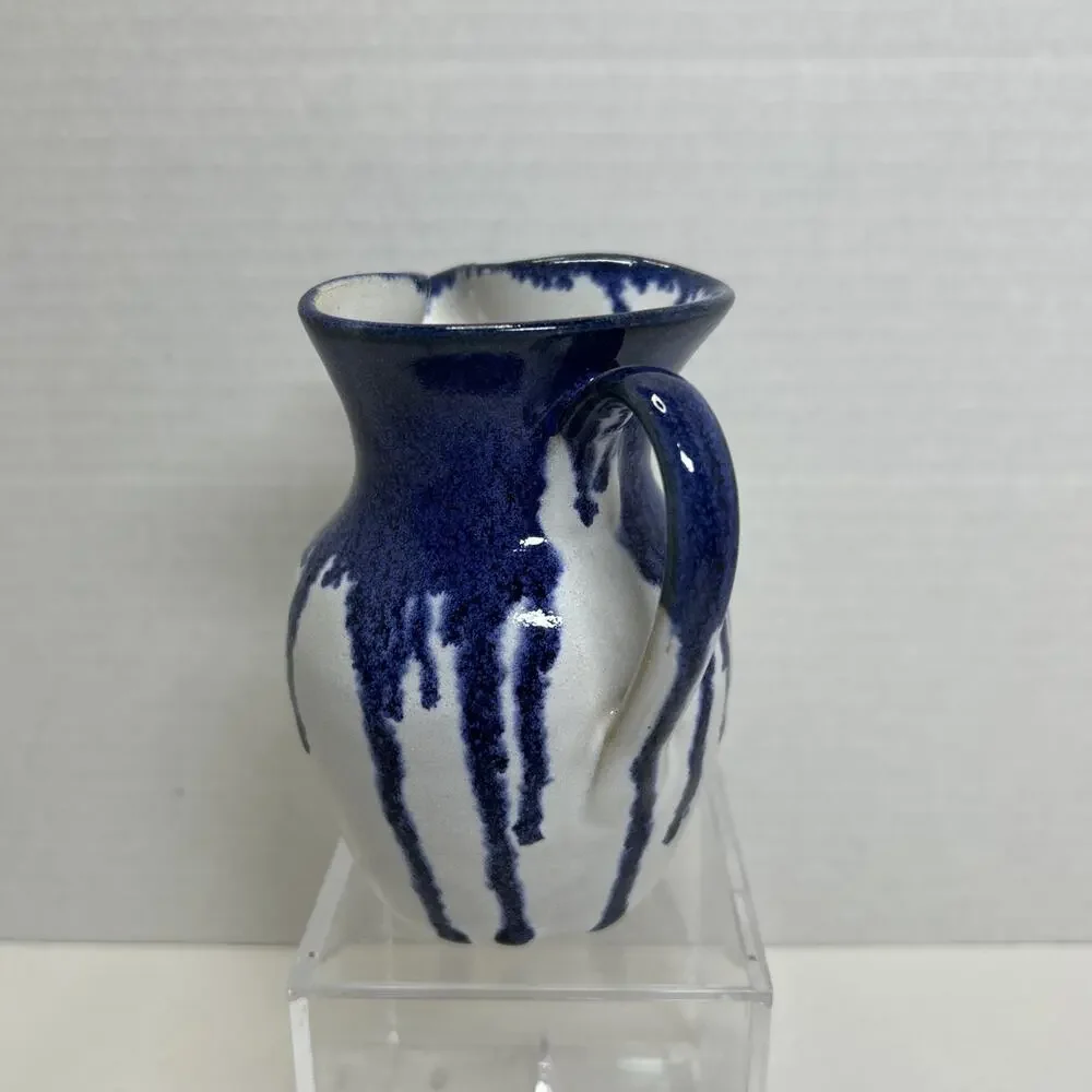 Vtg Holly Hill Pottery Seagrove NC Cream Pitcher Blue Drip Glaze Over White ARB